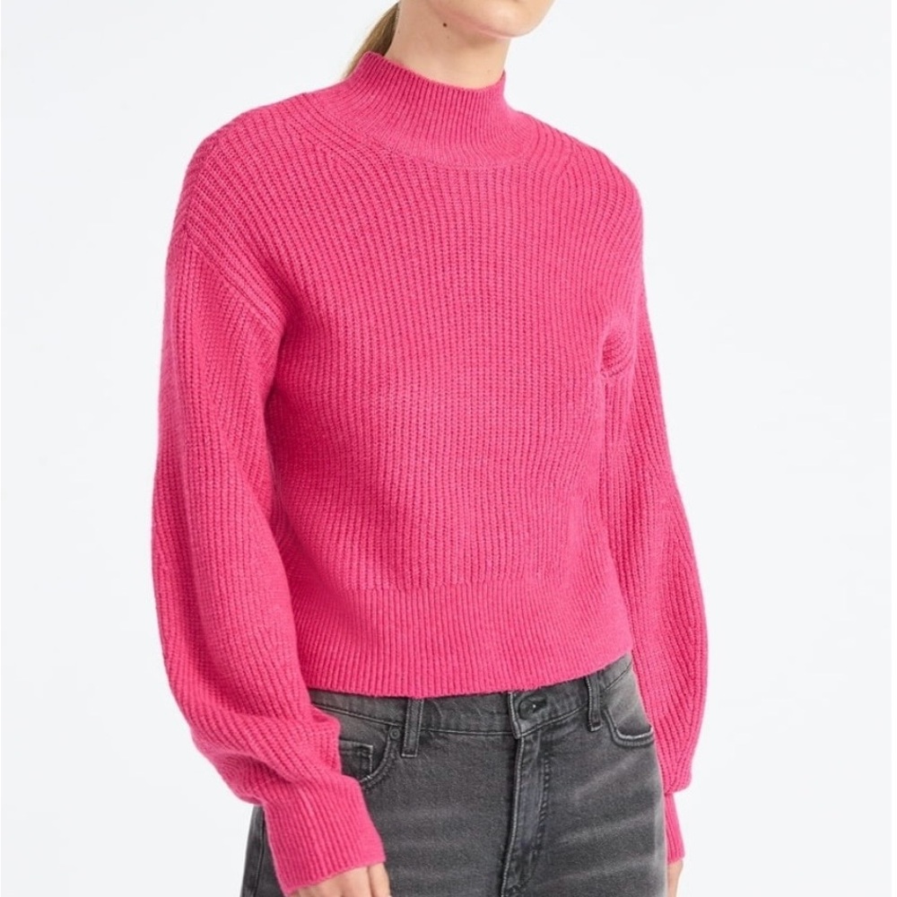 Scoop Shaker Stitch Turtleneck Hot Pink Ribbed Lightweight Sweater